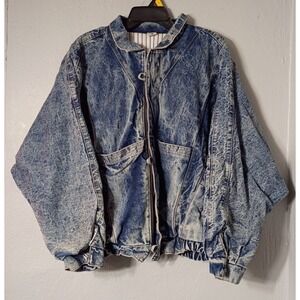 Vintage Distressed Acid Wash Jean Denim Bomber Jacket Coat Unisex No Brand Sz S‎